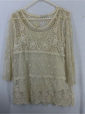 Adiva Lace Half Sleeve Crochet Blouse Womens Small Beige